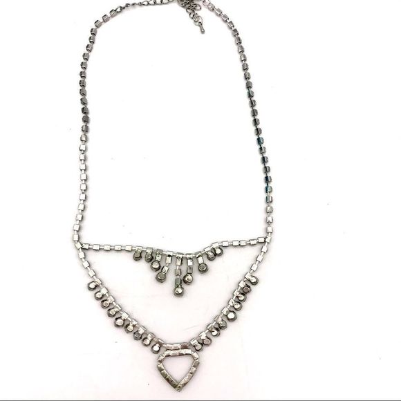 𝅺Double Drop Rhinestone Necklace Silver Vintage - Picture 9 of 14